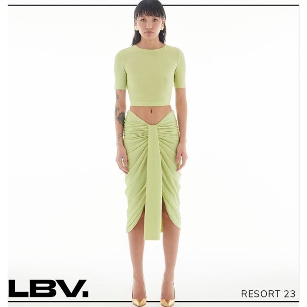 LBV. Lurex Jersey Sarong Midi Ruched Skirt Sz 6 Acid Yellow NWt 198